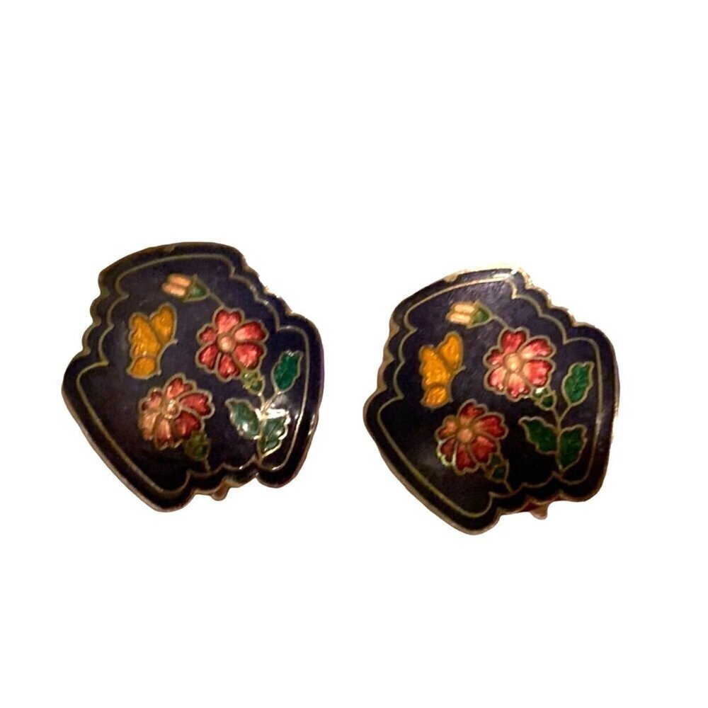 Vintage Floral Cloisonne Earrings Clip On Enamel Blue Pink Flower Butterfly